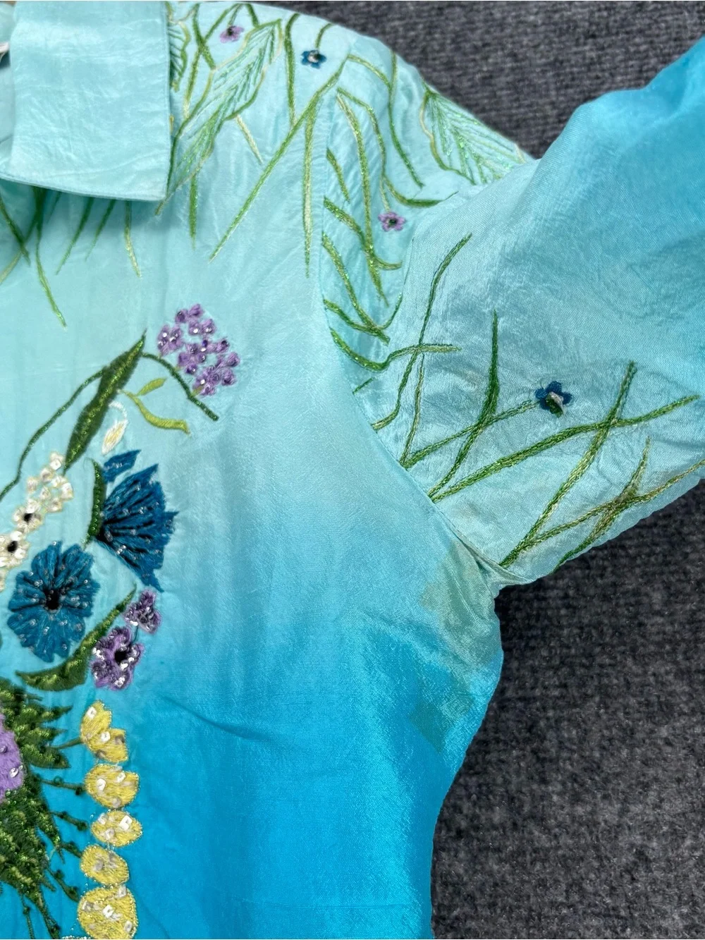 Anage 100% Silk Artsy Turquoise Ombré Beaded Embroidered Butterfly Jacket Size M